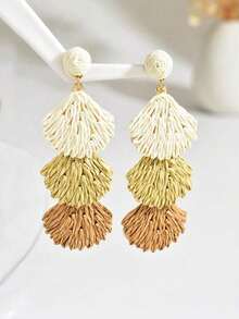 1 Pair Handmade Woven Raffia Shell Tassel Long Earrings, Bohemian Beach Style Geometric Design Earrings, Suitable For Women's Daily, Vacation, Party, Festivals Like Valentine's Day, Wedding Season, Mother's Day, Music Festivals (Handcrafted Raffia Weaving, Shape And Direction Random) - Màu kaki chuyển sắc - Xem 5