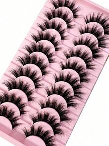 10Pairs Of 5D Fluffy Artificial Mink Eyelashes Slim False Eyelashes Thick False Eyelashes Curling False Eyelashes 3D Natural False Eyelashes Suitable For Holiday Parties Halloween Christmas False Eyelashes Cat Eye Lashes For Halloween Cosplay Manga Various Occasions - 黑色 - 查看 5