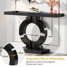 LITTLE TREE 43" Black Modern Mirrored Console Table, Rectangular Entryway Sofa Accent Table With O‑Shaped Glass Base For Hallway & Living Room - Black - View 3