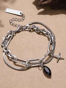 Men's Black Onyx Star Bracelet, Multi-Layer Titanium Steel Wrap Bangle, Minimalist Stylish Wrist Accessory - Silver - View 5