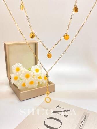 Collana con pendente circolare a doppio strato in acciaio inossidabile per donna