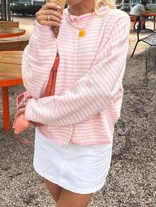 Womens Striped Cardigan Sweater Casual Crew Neck Open Front Button Down Long Sleeve Knit Sweaters Fall Outerwear - Pink - View 4