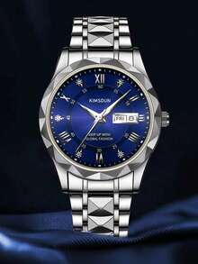 1pc Men's Stainless Steel Band Calendar Week Luminous Business Casual Quartz Wrist Watch - Silver - View 3