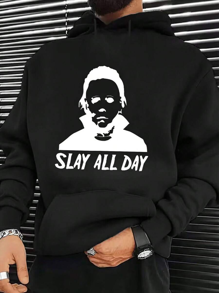 Men's Casual Print Hoodie - "SLAY ALL DAY" Graphic Design, Black Pullover With White Contrast Print, Lightweight Polyester Fabric, Machine Washable, Fall/Winter Streetwear Style,Fall Hoodies,Men's Fall Clothes,Street Wear,Halloween,Mens Hoodies,Y2k Clothes,Jesus Hoodie,Thanksgiving Day,Nightmare Before Christmas,Christmas - Black - View 1