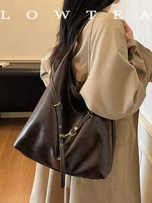 low tea 1个纯色PU皮革磁扣女士手提包，Hobo风格纯素皮革顶部提手单肩包，适合旅行、购物、约会、送礼、工作、商务、通勤等场合。 - 咖啡 - 查看 9