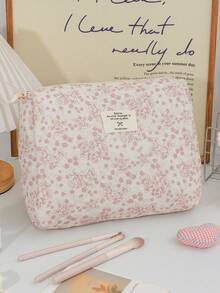 Pink Flower Pattern Cosmetics Storage Bag Soft Corduroy Makeup Bag Set Foam Quilted Home Items Storage Bag Large Capacity Travel Cosmetics Bag Set Retro Floral Print Makeup Handbag Portable Handheld Toiletry Bag Vintage Style Skincare Storage Bag Practical Makeup Brushes Organizer Bag - Pink - View 9