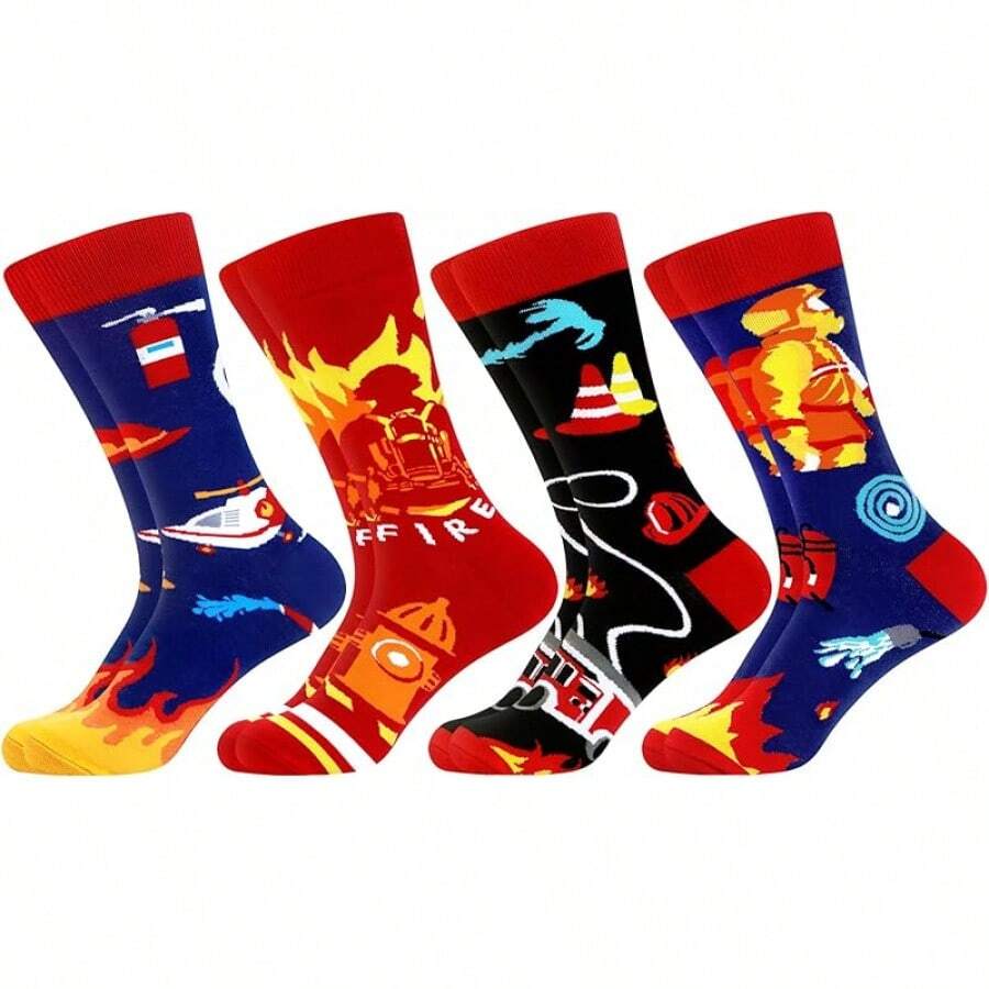 Men's Funny Novelty Crazy Pattern Dress Socks For Gifts - 黑/紅/多色消防-4米 - 查看 1