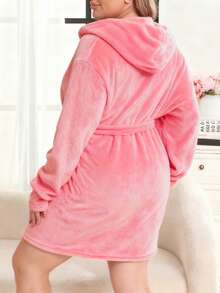 1pc Plus Size Women Solid Color Hooded Belted Fluffy Cozy Robe, Comfortable & Warm For Autumn/Winter - Watermelon Pink - View 3