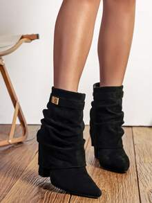 Slip-On Knee-High Boots With Chunky Heels, Minimalist And Versatile Pointed Toe, Women's Sexy Lady Rider Boots - 黑色 - 查看 4