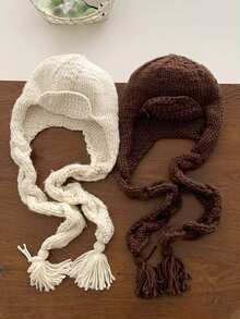 1pc Women's Cute Casual Style Fashion Handmade Knitted Aviator Hat With Long Braided Rope Decor, Heavy Craft Ear Protection, Versatile Face-Slimming Breathable Hat For Travel And Daily Wear - Solid Color - View 3
