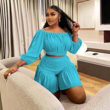 Plus Size Women's Ruffled One-Shoulder Puff Sleeve Top & Shorts 2-Piece Set - Sweetheart Neckline Waist-Defining Casual Outfit Date, Vacation & Party,Plus Size Fall Clothes Women,Plus Size Women Clothes,Seven Colors Are Available Selection.Please Check Size Chart Before Purchasing. - 藍色 - 查看 2
