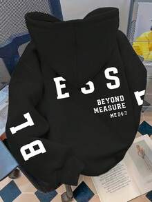 Plus Size Women's Daily Letter "ESS", Text "BEYOND MEASURE" "ME 24:7" And Sleeve Letter Pattern Hooded Long Sleeves Casual Spring/Summer/Fall Women's Plus-Size Long-Sleeved Sweatshirt Christmas Going Out Tops Women, Vacation Outfits Women - Black - View 4