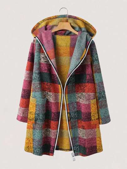 Women's Autumn/Winter Long Sleeve Pocket Asymmetrical Plaid Print Hooded Zip-Up Jacket, Casual Fashion Street Style Plaid Coat