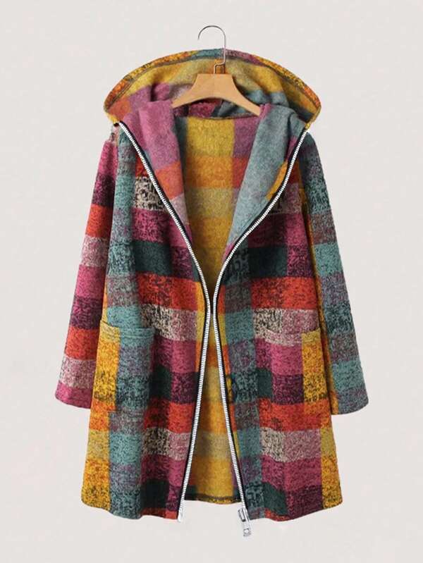 Women's Autumn/Winter Long Sleeve Pocket Asymmetrical Plaid Print Hooded Zip-Up Jacket, Casual Fashion Street Style Plaid Coat