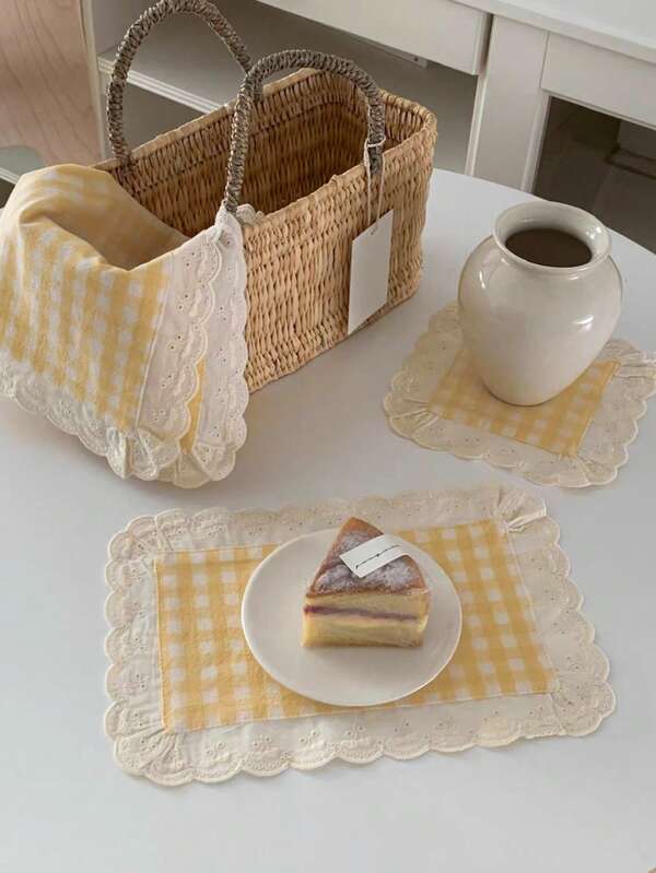 1 pieza/6 piezas/30 piezas Manteles individuales con encaje en estilo pastoril coreano de color amarillo suave a cuadros, posavasos multiusos para decoración de mesa