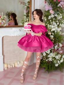 Elegantes kurzes Kleid mit fuchsiafarbenem Schleifen-Akzent, Teenager Mädchen Kleider für Hochzeit, Abschlussball, Graduation, Geburtstag, Weihnachten