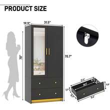 2 Door Wardrobe Closet With Mirror & LED Lights, Bedroom Armoire With Drawers & Shelves, Modern Wooden Armoire Wardrobe Closet With Hanging Rod For Bedroom - Black (2Doors) - 查看 3