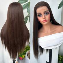 Halloween Christmas 13*4 Lace Front Wigs Straight Wigs With High Quality Synthetic Hair 28inch Black Brown Wigs And Good Texture - 黑棕色 - 查看 5