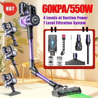 Aspirapolvere senza fili 550W Aspirapolvere portatile Aspirapolvere senza fili 15-45kPa, Regolazione potenza di aspirazione, 6 batterie da 3000mAh a lunga durata, 8 in 1, Pieghevole a 180°, Capacità 1,6 L, Adatto per la pulizia di auto, casa, ufficio, animali domestici, ecc. , Nero