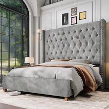 Queen/King Size Platform Bed Frame With 61.4" Tall Velvet Wingback Headboard, Deep Button Tufted And Handcrafted Pleats Design, Solid Wood Legs, No Box Spring Needed - Grey - View 11