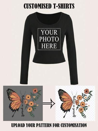 Women's Custom Long Sleeve T-Shirts - Add Your Photo/Design, Cut Out The Background, Custom Printed T-Shirts, U-Neck T-Shirts, Everyday Custom, Custom Halloween, Christmas, Etc., Fall And Winter Tops Custom, Custom Graphics, Suitable For Anniversaries, Birthdays, Holidays, Etc. Custom T-Shirts, Women's Tops, Custom Printed T-Shirts, Women's Long Sleeve T-Shirts, Tops