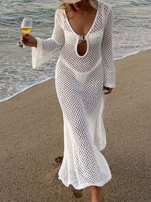 Đầm maxi dài tay, vai thẳng, cổ chữ V khoét sâu, khóa cài, xẻ cao, màu trơn, thanh lịch, gợi cảm dành cho nữ, chất liệu dệt kim, thích hợp mặc đi biển, áo khoác ngoài rộng rãi cho áo tắm, áo che bikini móc len, màu trắng cho kỳ nghỉ xuân/hè/thu. - trắng - Xem 5