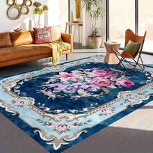 Tapete com estampa floral - estilo boho vintage, azul com flores rosa e brancas, elegante acabamento dourado, poliéster macio, perfeito para decoração moderna de casa, sala de estar ou quarto, tapete de área - Multicolorido - Ver 5
