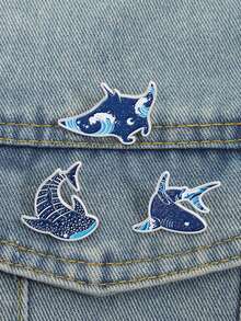 3Pcs Ocean Creature Badges Shark Ray Whale Shark Theme Wave Element Fantasy Design Marine Dream Style For Daily Healing Accessory Backpack Decoration Ocean Lover Gift Set - Blue - View 3