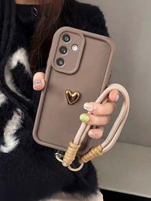 酒红色砂纸纹理手机壳，兼容 17/17 Air/17 Pro/17 Pro Max、16/15/14/13/12/11、Redmi 手机，3D 硅胶心形编织带防滑防震保护套（兼容 15 Pro/S24/P60）、Apple 12、A16、17、17 Pro Max - 棕色+金心+繩 - 查看 4