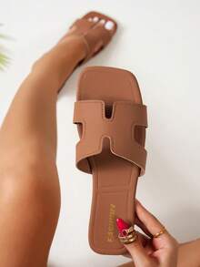 Women's Fashion Flat Square Toe Slip-On Sandals, Versatile For Spring And Summer