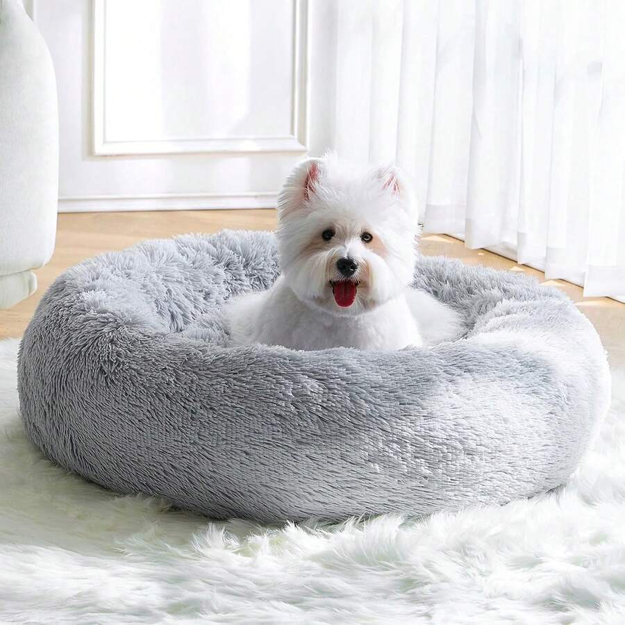 Calming Donut Fluffy Anti-Anxiety Round Washable Cute Plush Cozy Cuddler Warming Soft Comfort Pet Bed For Small To Medium Dogs And Cats, 20-Inch, Light Grey & White - 淺灰色 - 查看 1