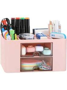 1pc Mini Desktop Organizer With 2 Drawer, Multi-Functional Pencil Pen Holder For Desk, Simple And Creative Stationery & Office Supplies Storage Box For School, Office, Dorm, Multi-Compartment Organizer, Makeup Organiser, Back To School Supplies, Holiday Gift, Christmas Present - Hồng - Xem 7