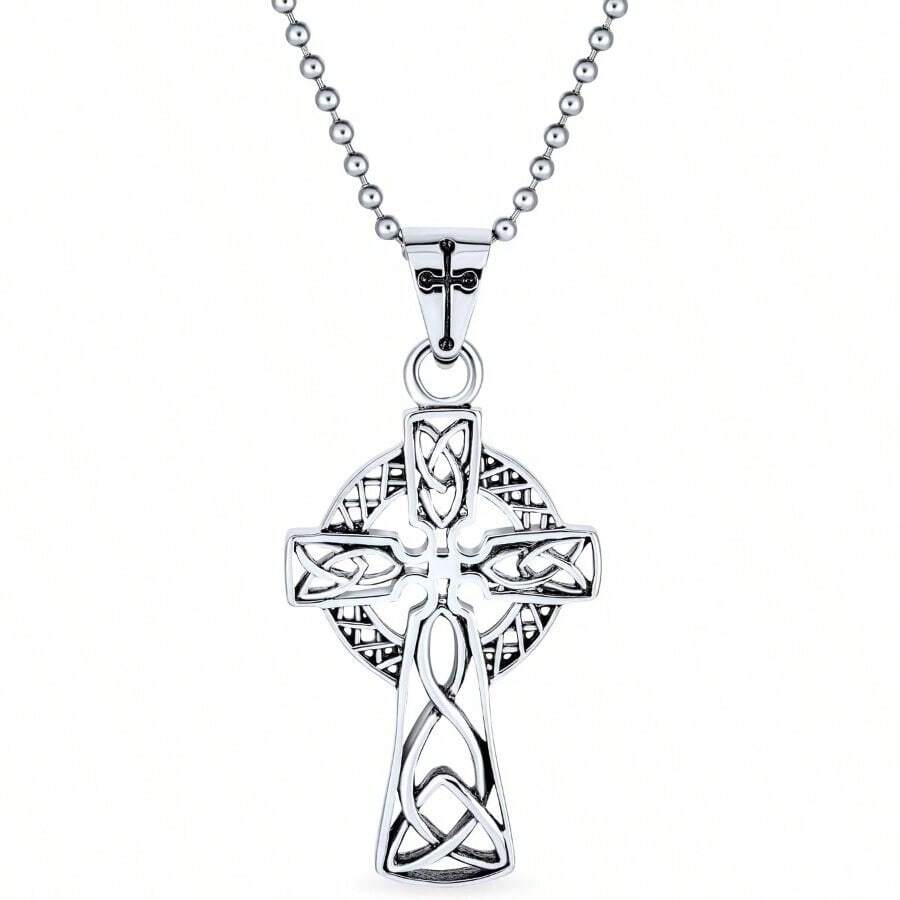Protection Amulet Ancient Mens Irish Viking Celtic Cross Pendant Necklace For Men Women Oxidized Silver Tone Stainless Steel 20 Inch Ball Chain