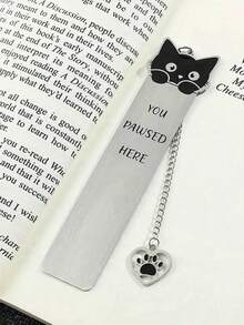 1 件不锈钢猫书签，带有可爱的卡通小猫图案和“您在此处暂停”字样 - 耐用的金属书籍配件，适合读者、爱书人礼物、白色、阅读伴侣、俏皮风格、坚固结构、阅读工具、礼品购物者