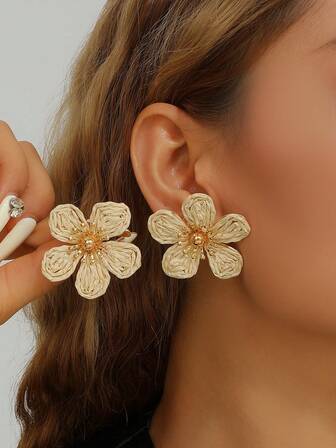 1 par de pendientes de flor de 5 pétalos tejidos a mano con rafia, pendientes florales multicapa elegantes, joyería de estilo refrescante para mujeres