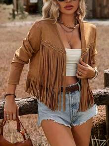 Plus Size Women's Fashionable Vintage Rivet Fringe Jacket - Brown - View 4
