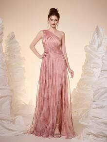 Mgiacy,New Arrival,Shoulder Slant, Printed Mesh, Pull TAB, Front And Bottom Split, Large Swing, High-End, Evening Dress,For,Dinner Parties - Pink - View 3