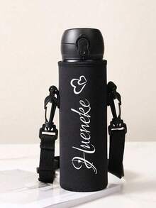 可定制姓名和心形图案的氯丁橡胶水瓶套，配有可调节肩带和杯架，适用于不锈钢、玻璃和塑料水瓶 - 返校、毕业、教师节礼物，护照夹，旅行护照套，轻便防水，假日必备，男女通用学生款 - 黑色 - 查看 11