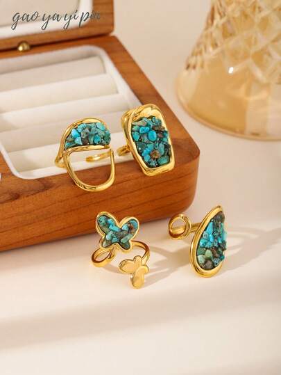 New Fashionable 18K Plated Stainless Steel Geometric Open Ring With Natural Stones, Personalized Sparkling Natural Stone Gold Color Ring For Women, Suitable For Daily Wear, Festivals Or Birthday Gifts