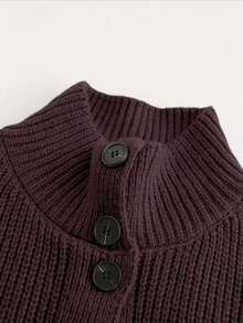 Comfortable Plus Size Women Funnel Neck Drop Shoulder Mid-Length Cardigan With Button, Ribbed Knit Details And Pockets - Coffee Brown - View 3