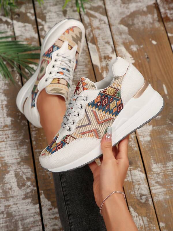 1 Pair Color Block Patchwork Casual Lace-Up Sneakers, Versatile Outdoor Wear For Autumn/Winter