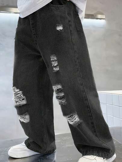 1pc Tween Boys' Casual Distressed Wide Leg Jeans, Street Style, Spring/Summer 2025 New Collection