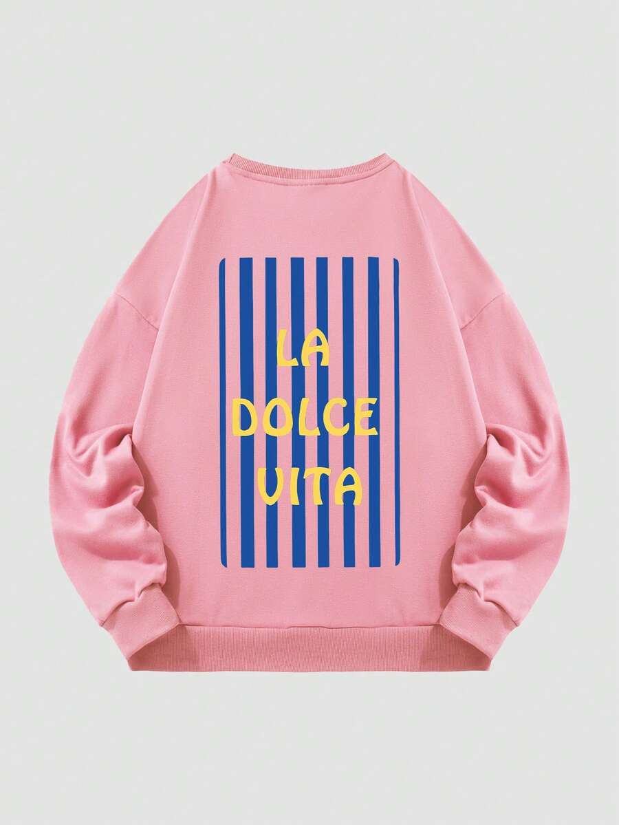 2025 Frühling/Herbst, neuer Stil, Damen-Sweatshirt aus Baumwolle, LA DOLCE VITA-Aufdruck, bequeme Passform, lässiger Stil, lange Ärmel, Frühlings-/Herbstkleidung, Strandresort-Stil, weicher Stoff, Alltagskleidung