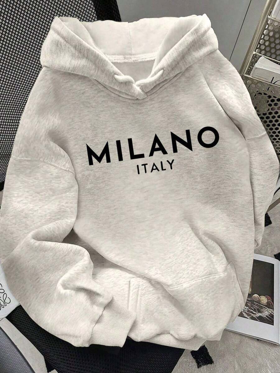 2025 HoodiesWomen's Slogan Print Thermal Lined Casual Loose Fit Hoodie Sweatshirt, Autumn/WinterLoose And Comfortablewinter Clothes For Women - 淺灰色 2 - 查看 1