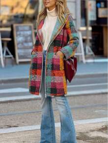 Chaqueta con capucha con cremallera, estampado a cuadros, manga larga, bolsillo, corte asimétrico, estilo de moda casual de calle para mujer en otoño/invierno - Multicolor - Ver 9