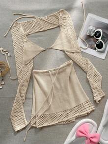 Yuwenier Sexy Solid Color Glitter Knit Hollow-Out Long Sleeve Bikini Top And Drawstring Waist Bodycon Mini Dress 2-Piece Set, Suitable For Summer Beach Wear Spring - 杏色 - 查看 8