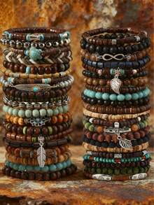 42 Pcs Boho Wooden Bead Bracelet Set, Stackable Stretch Mixed Color Handcrafted Bracelets With Turtle And Feather & Leaf Shaped Pendant, Holiday Couples Gift & All-Season Accessory - 彩色 - 查看 1