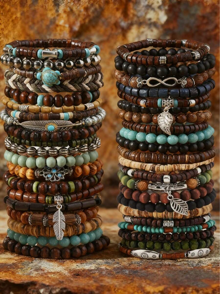42 Pcs Boho Wooden Bead Bracelet Set, Stackable Stretch Mixed Color Handcrafted Bracelets With Turtle And Feather & Leaf Shaped Pendant, Holiday Couples Gift & All-Season Accessory - 彩色 - 查看 1