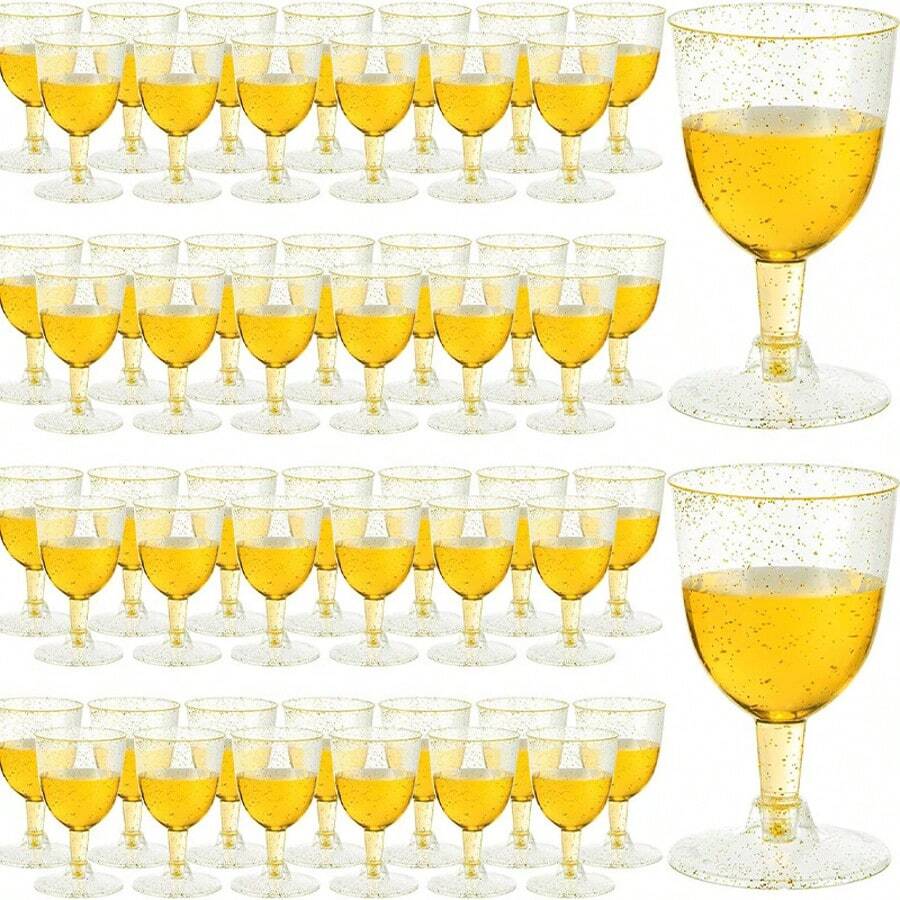 50 Pack Reusable Stemware, 150ML Gold Powder Shatterproof Wine Stemware, Suitable For Halloween, Christmas, Restaurants, Banquets, Plastic Wine Glasses For Parties, Bars And Other Places. - 透明 - 查看 1