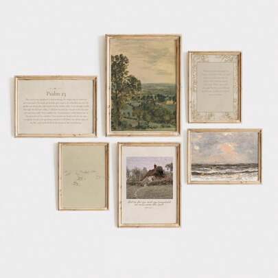 Set Of 6 Vintage Christian Wall Art Prints, Inspirational Bible Verse Scripture Canvas Posters, Faith Quote Religious Wall Decor Artwork, Rustic Cottagecore Aesthetic Gallery Set For Living Room Decor, Bedroom Decor, Home Decor, Wall Decor, Spiritual House Decoration, Elegant Room Decor Gift Idea